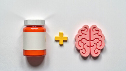 Medicine bottle with brain symbol representing mental health care  