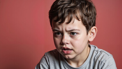 Young boy showing frustration with serious expression indoors  