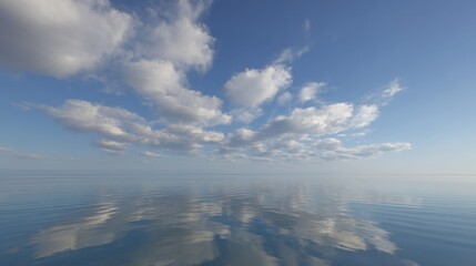 Tranquil Ocean Scene with Calm Water and Fluffy Clouds Reflecting in Serene Blue Sky Over Endless Horizon
