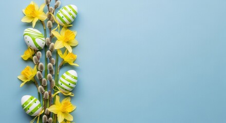 Fototapeta premium easter eggs and yellow spring flowers on a pastel blue background, celebrating springtime