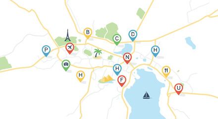 Obraz premium A colorful city map displays roads, parks, a lake, and various icons marking points of interest.