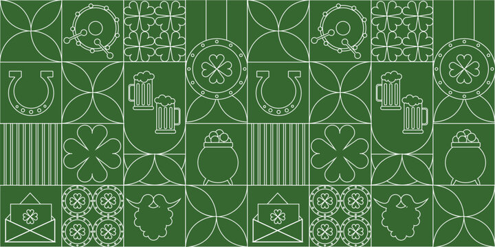 St Patricks Day geometric seamless pattern featuring shamrocks, horseshoes, beer mugs, leprechaun beard, coins, and Irish symbols
