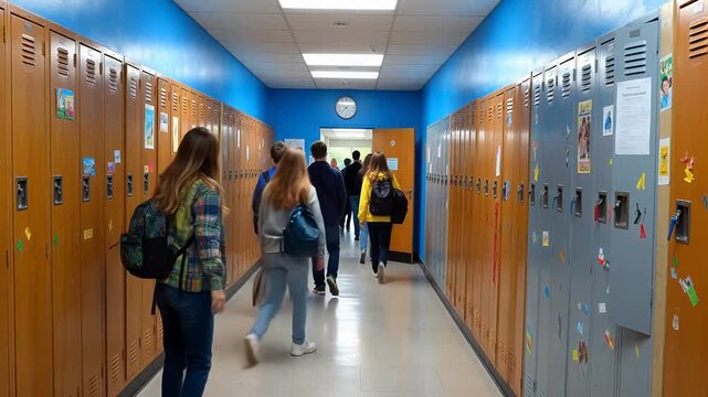 Students walking in school hallway