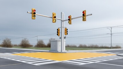 Modern traffic intersection with multiple traffic lights and safety features, showcasing urban road design and vehicle management technology