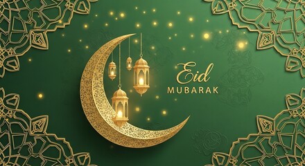 A festive Eid Mubarak greeting card with a golden crescent moon and lanterns on a green background