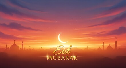 A serene Eid Mubarak greeting card with a beautiful crescent moon at sunset
