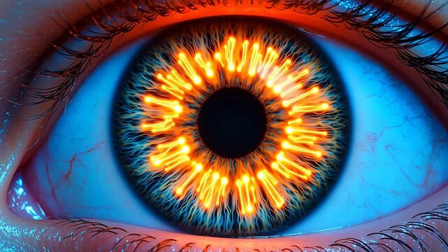 Closeup of an eye with glowing patterns
