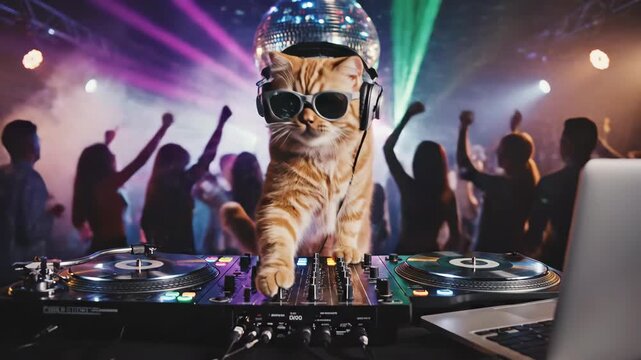 Cool orange cat dj wearing sunglasses spins tracks on professional dj controller at lively dance party with disco ball.