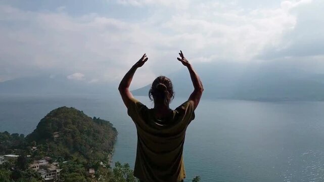 Man Overlooking View Lake Travel Wellness - Aerial Drone Horizontal