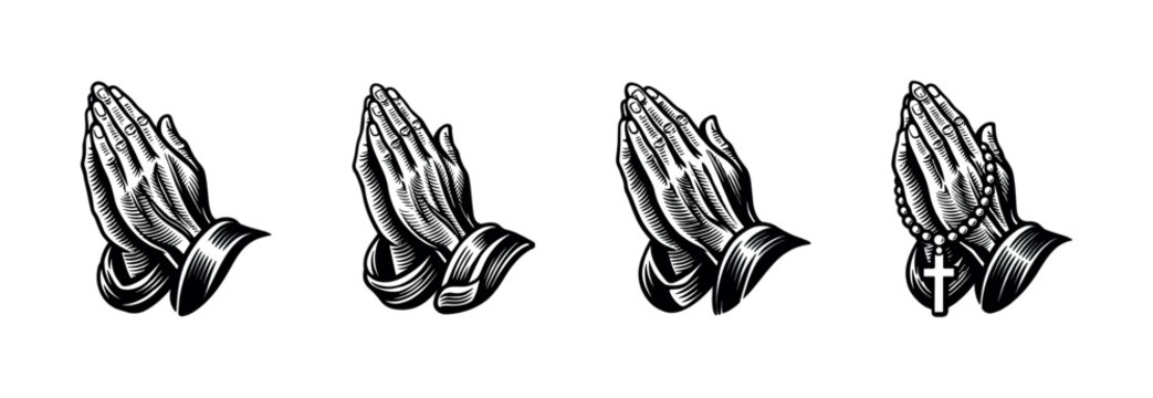 Praying hands designs. flat vector illustrations of folded, clasped, and rosary hands graphics