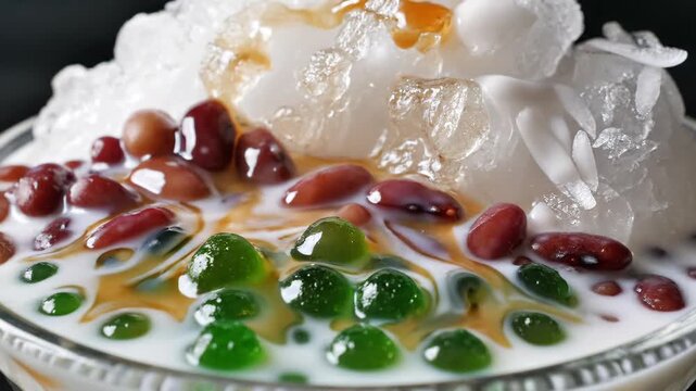 Shaved ice dessert with red beans and green pearls pouring syrup 4K Video