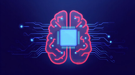 AI Chip in Human Brain. AI Technology Artificial Intelligence Icon with Machine Learning,  Generative AI. Stroke vector illustration
