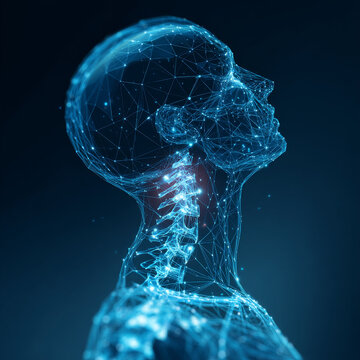 Disease of the cervical spine. Medical concept with a pain in the neck. Polygonal human head. Construction of lines and dots. Blue background.