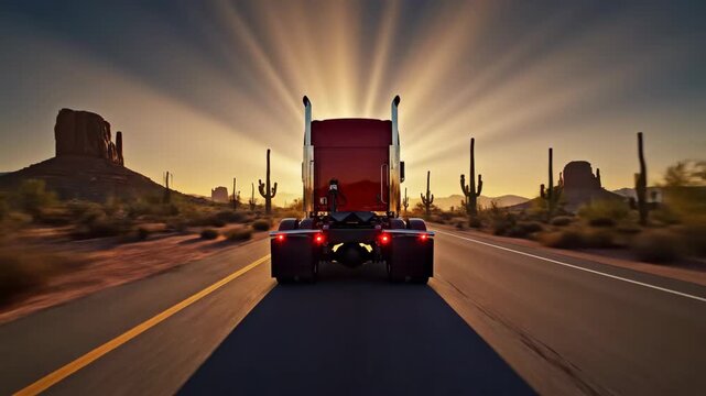 Red semi truck driving down desert highway at sunset with vibrant colors and scenic landscape background views