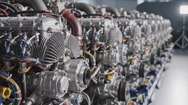 Series of aircraft engines displayed in a row, showcasing intricate details of components and wiring in a well-lit industrial setting