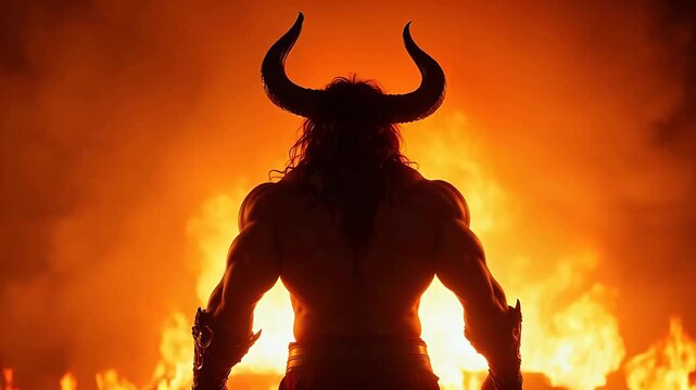 Muscular figure with horns in front of fire