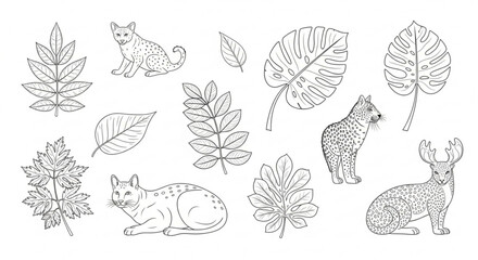 Wild animals and leaves illustration set with deer wolf and cat in forest foliage