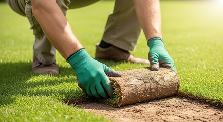 Man in green gloves laying sod on dirt patch in grassy field outdoor gardening