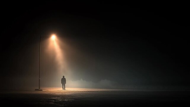 Lonely silhouette standing under streetlight in dark fog, solitude mystery and isolation concept scene