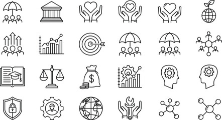 Business and social responsibility icon set featuring corporate insurance financial growth sustainability environmental protection and human resources management in line style. © Sreemotimadhobi