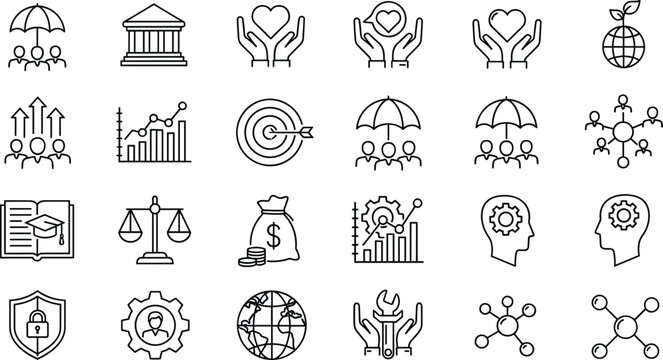 Business and social responsibility icon set featuring corporate insurance financial growth sustainability environmental protection and human resources management in line style.