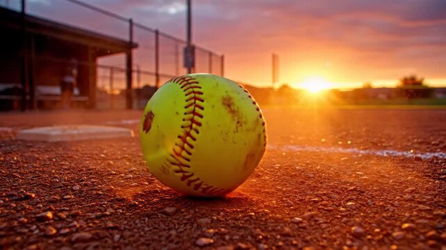 Softball on a dirt field with a sunset background showcasing a serene and peaceful sports atmosphere for recreational activities.