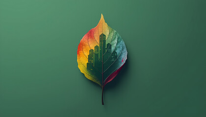 A colorful leaf with a cityscape silhouette on a green background