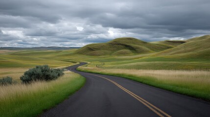 Fototapeta premium Serene Scenic Road Winding Through Vibrant Green Hills Under Dramatic Cloudy Sky in Rural Landscape of Summer Nature