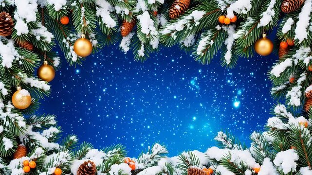 Snowy Christmas tree branches with ornaments