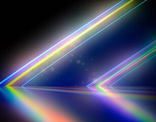 Naklejka premium Diagonal intersections of abstract light rays generate a vibrant color spectrum spanning from gentle blues to vivid reds, projected onto a glossy reflective surface, producing a dynamic optical illusi