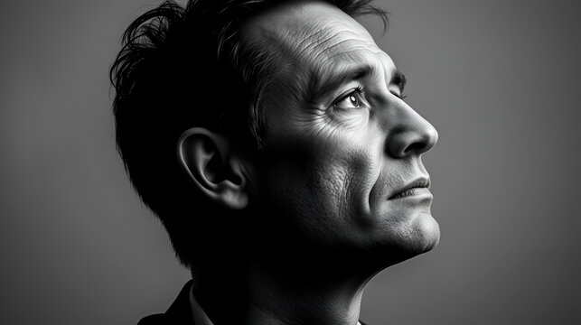 A man's head in black and white. bifurcation, debasement, evaporation, multiplicity of thought . banner. Bipolarity. Bipolar disorder.