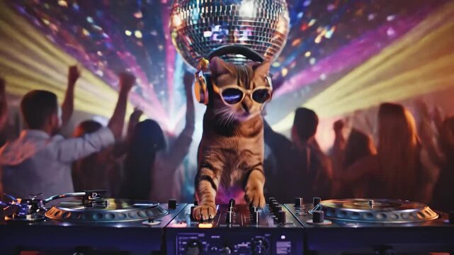 Cool cat dj spinning tracks at party with dancing crowd and shining disco ball entertainment.
