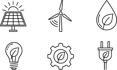 Naklejka premium Renewable Energy Linear Icons Set Solar Panel Wind Turbine and Water Drop Vector 