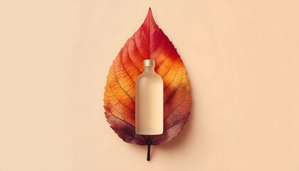 A bottle of liquid on a colorful autumn leaf with a beige background