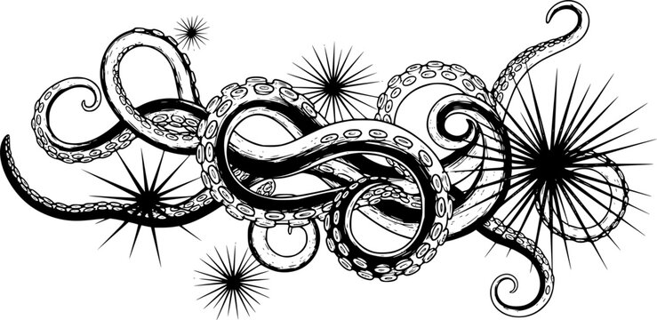 Monochrome abstract ink art featuring dynamic tentacle swirls and starburst patterns in black on a clean surface
