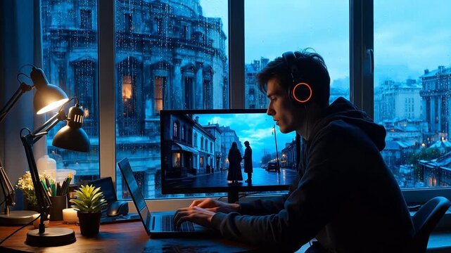 Person working on computer by rainy window