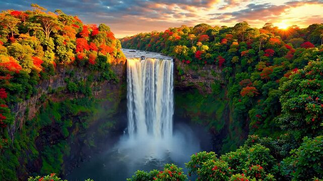 Waterfall in colorful forest landscape