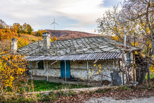Traditional pomak villages Ano Vyrsini and Organi near the Rodopi mountains region, Komotini and Xanthi Greece, Basma tobacco cultivation, beautiful landscape, wind turbines, old stone house