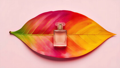 A perfume bottle sits on a colorful leaf against a pink background