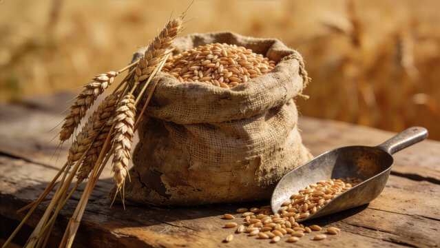 Harvested golden wheat grains in a burlap sack on a weathered wooden table with a metal scoop and dried stalks