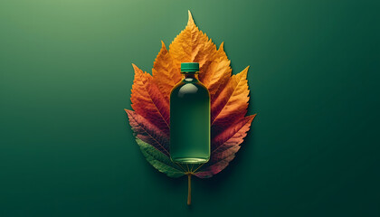 A green bottle surrounded by colorful autumn leaves on a dark green background