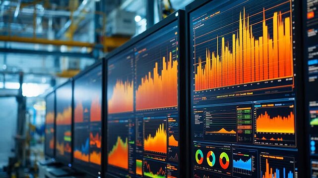 Monitors displaying data graphs in industrial setting