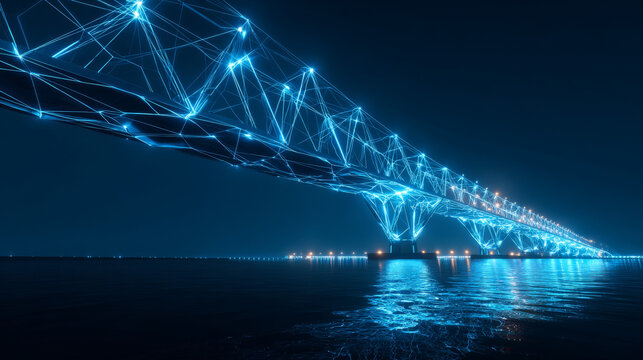 Polygonal bridge design. The effect of night lights on the road. Blue background.