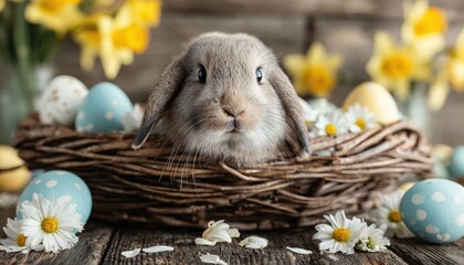 Cute lop eared bunny peeks out from a woven nest surrounded by decorated eggs and bright flowers