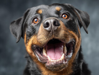 Obraz premium Happy Rottweiler dog with bright eyes and open mouth showing teeth against a soft dark gray background in a joyful expression