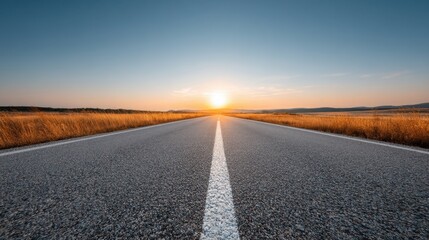 Vast Open Road Stretching into the Horizon at Sunset, Capturing the Beauty of Nature and Tranquility in a Serene Landscape Setting
