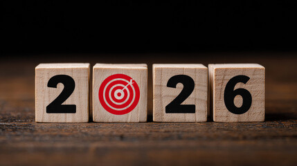 Wooden blocks spelling out "2026" with a target symbol on a road, symbolizing future goals and aspirations.