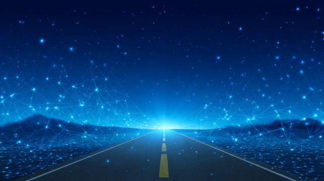 Concept of broadband Internet connection. The road leading to the networked planet. Polygonal design of interconnected lines and dots. Blue background.