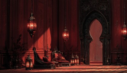 Sumptuous interior space features rich red decor and ornate Moorish architectural details