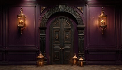 Ornate entryway features dark wooden door framed by rich purple paneled walls and glowing sconces